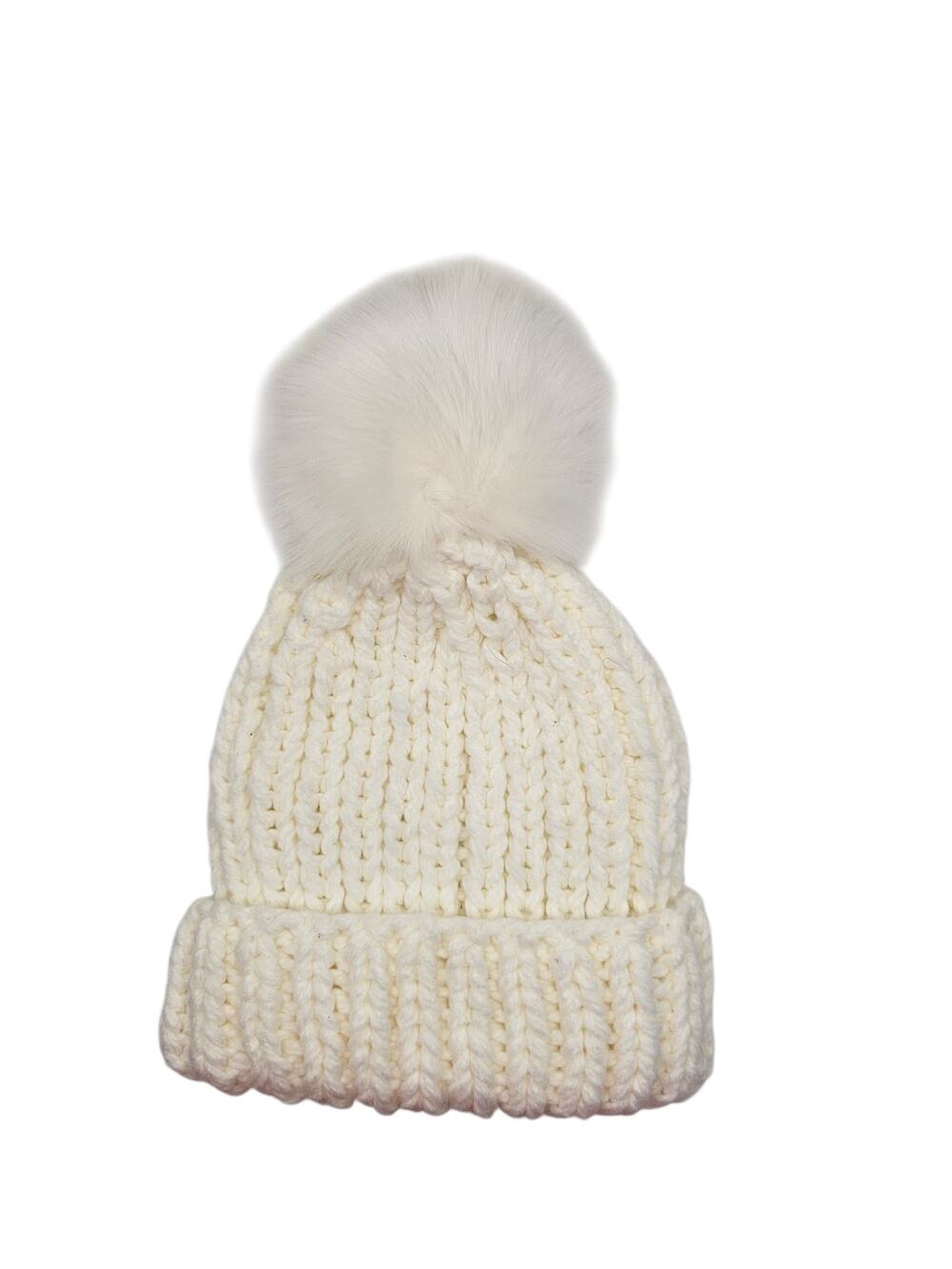 Free People Ivory Cream Chunky Knit Beanie Faux Fur Pom Pom Winter Hat